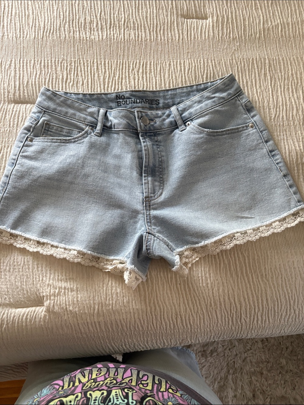 No Boundaries Light Blue Denim Shorts with Cream Lace Trim